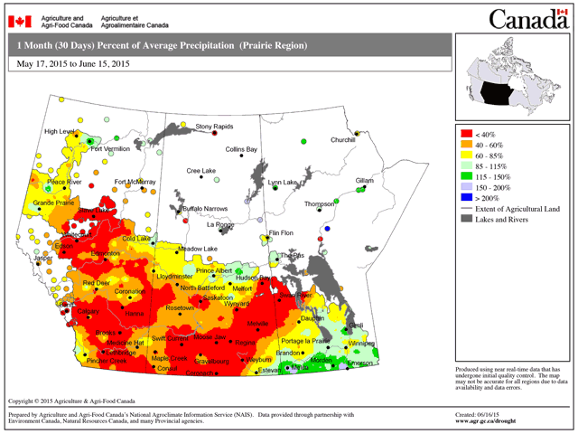 The departure from normal (in millimeters) across the Canadian Prairies from May 17 to June 15 shows that the majority of the region saw less than 60% of the normal rainfall during those 30 days with a large chunk of that region seeing under 40%. (Graphic courtesy of Agriculture and Agri-Food Canada)